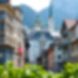 A picturesque view of Swiss financial district showcasing modern architecture and historical buildings