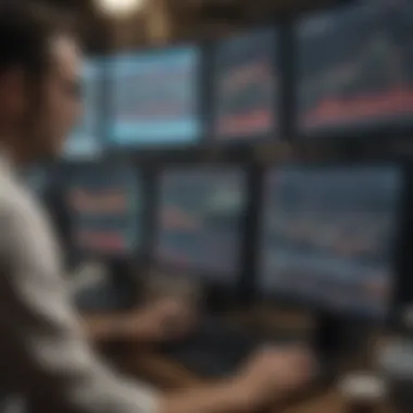 A trader analyzing stock charts on multiple screens.