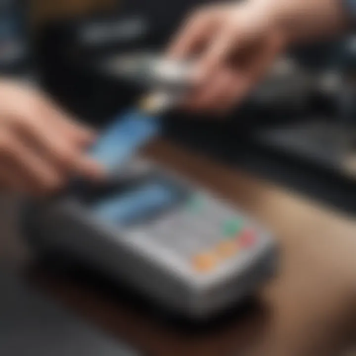 A close-up of a person using a debit card at a point-of-sale terminal