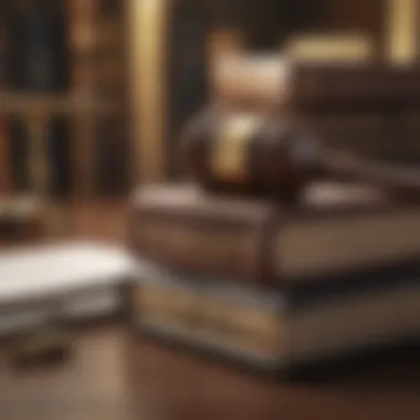 A close-up of legal books and a gavel on a desk