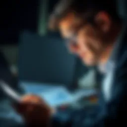 A financial analyst deep in thought, analyzing data with a calculator.